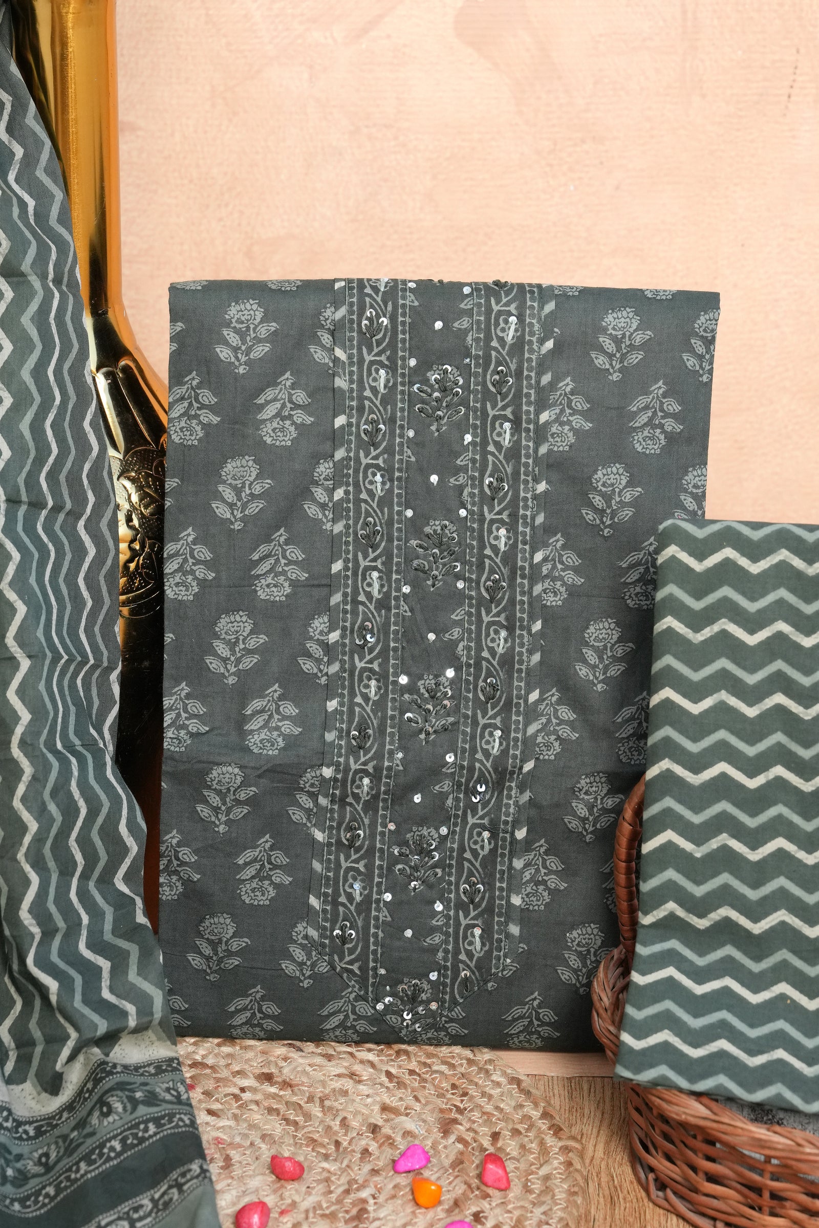 Charcoal Grey Gotta Patti Handblock Cotton Unstitched Suit Set with Dupatta – Atharva Jaipur