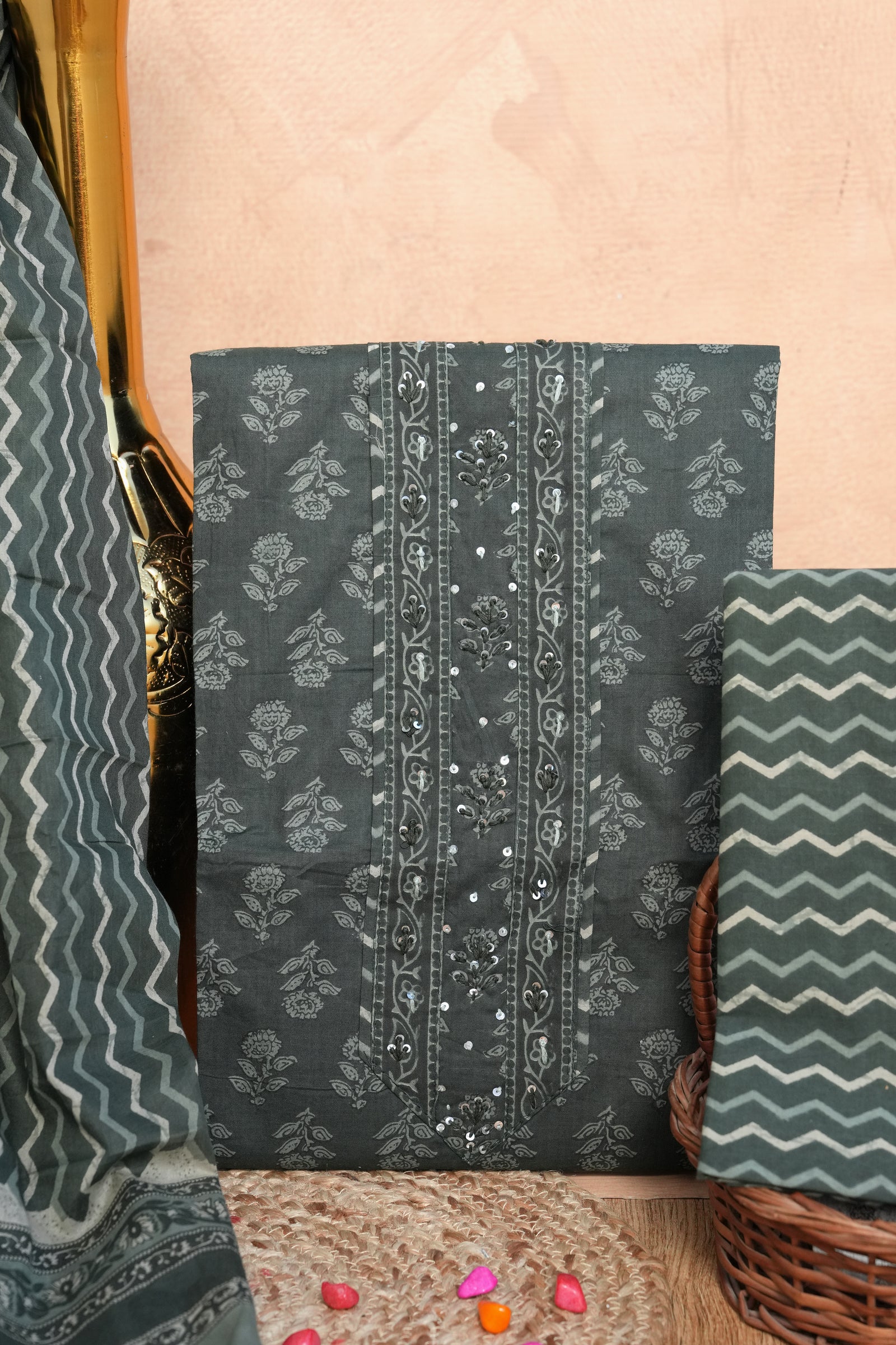 Charcoal Grey Gotta Patti Handblock Cotton Unstitched Suit Set with Dupatta – Atharva Jaipur