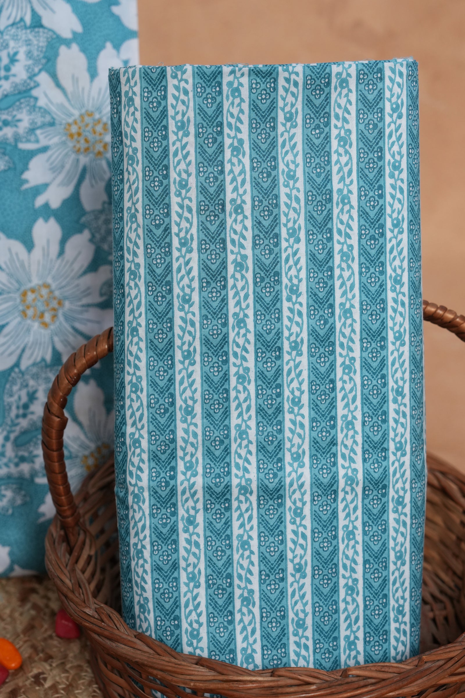 Sky Blue Floral Cotton Unstitched Suit Set with Gotta Patti Work & Dupatta – Atharva Jaipur