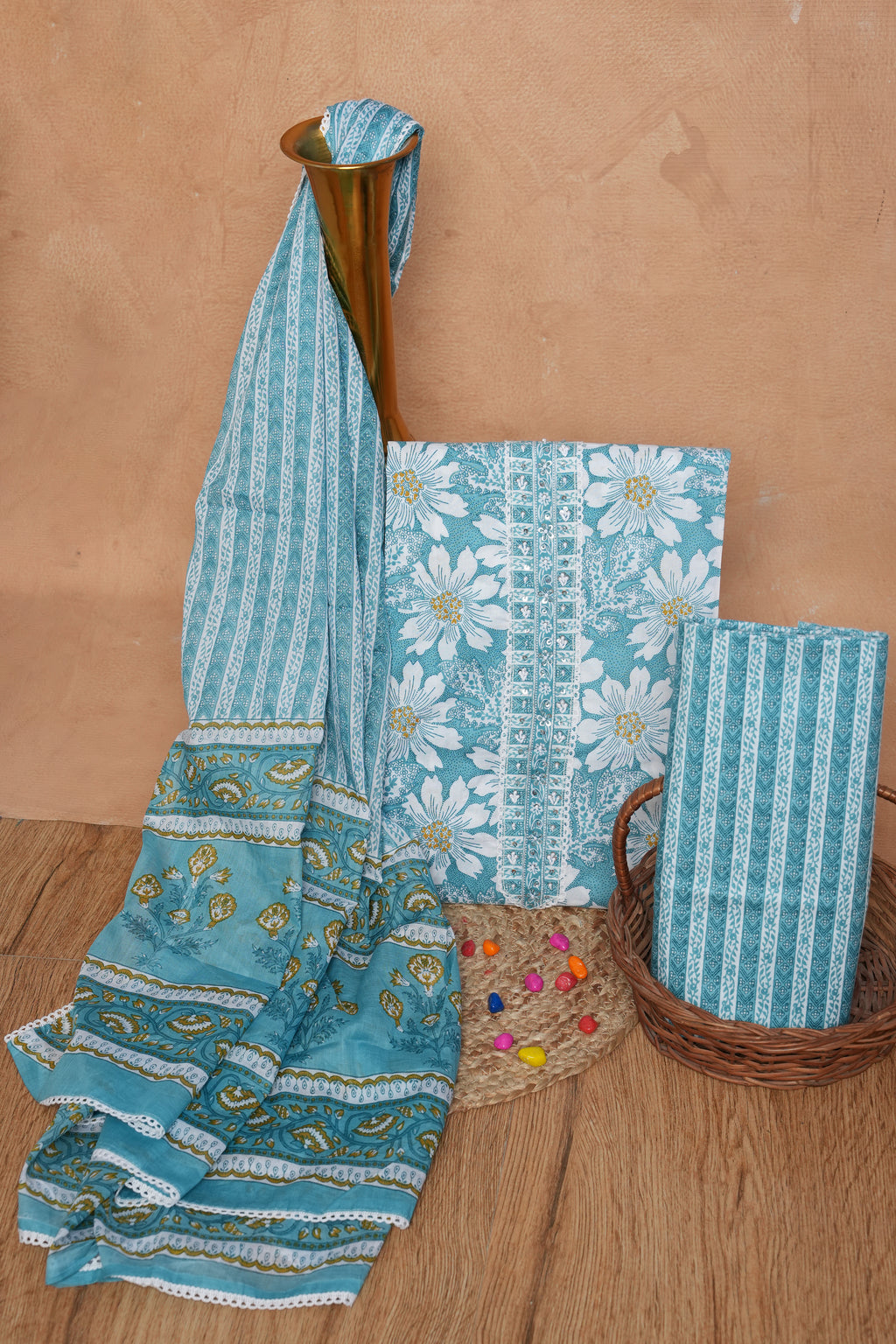 Sky Blue Floral Cotton Unstitched Suit Set with Gotta Patti Work & Dupatta – Atharva Jaipur