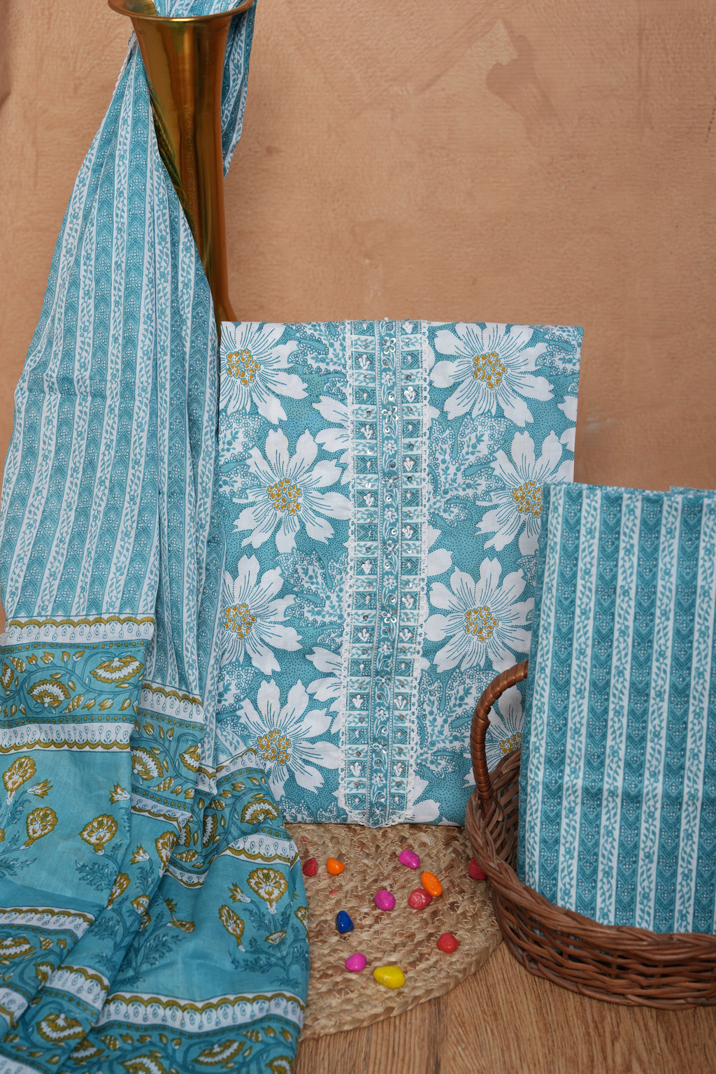 Sky Blue Floral Cotton Unstitched Suit Set with Gotta Patti Work & Dupatta – Atharva Jaipur