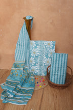 Sky Blue Floral Cotton Unstitched Suit Set with Gotta Patti Work & Dupatta – Atharva Jaipur