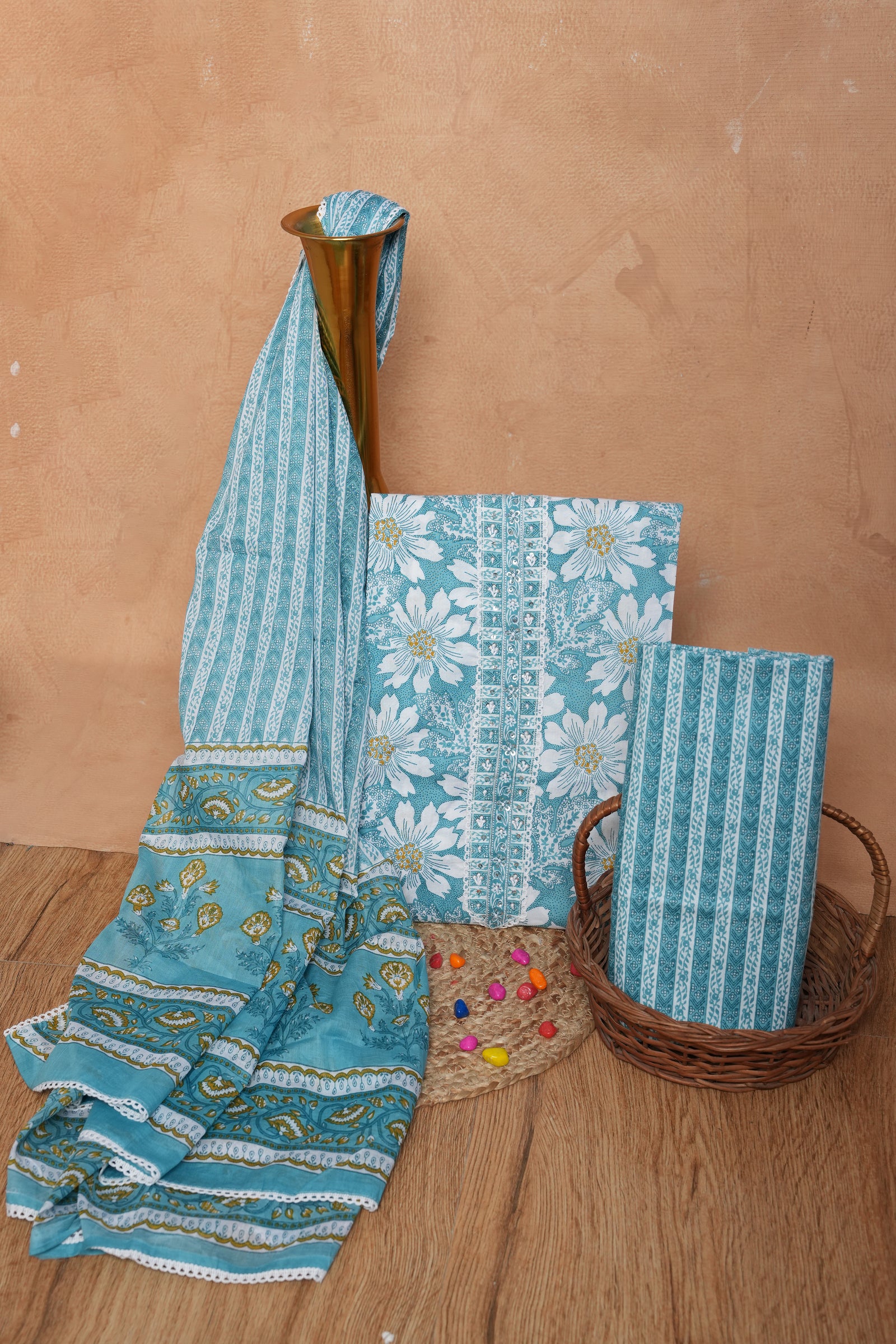 Sky Blue Floral Cotton Unstitched Suit Set with Gotta Patti Work & Dupatta – Atharva Jaipur