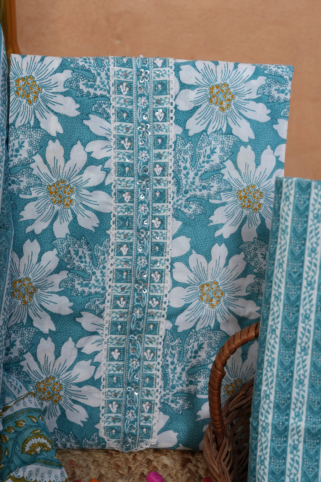 Sky Blue Floral Cotton Unstitched Suit Set with Gotta Patti Work & Dupatta – Atharva Jaipur