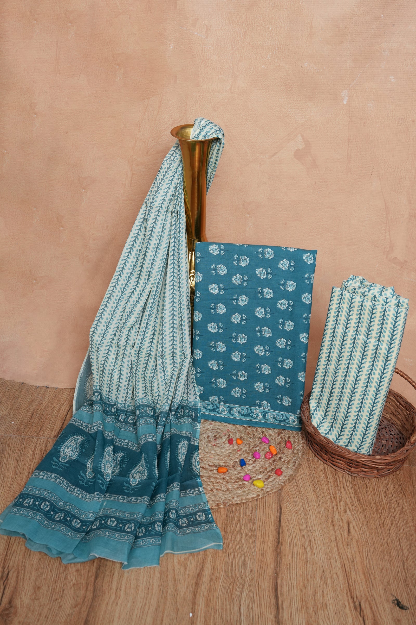 Teal Blue Cotton Unstitched Suit Set with Printed Dupatta – Atharva Jaipur