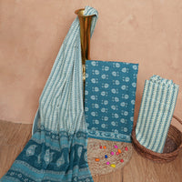 Teal Blue Cotton Unstitched Suit Set with Printed Dupatta – Atharva Jaipur