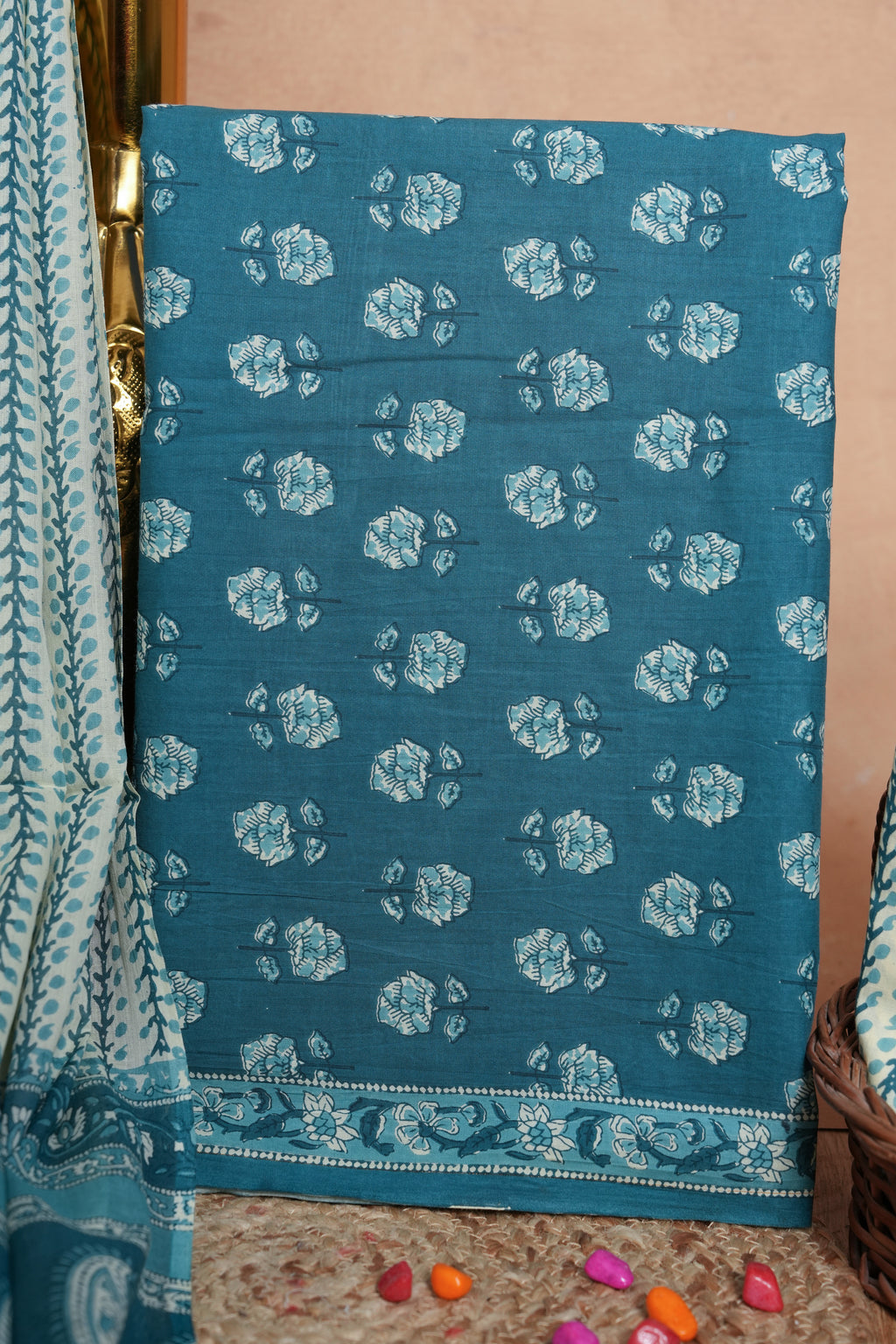 Teal Blue Cotton Unstitched Suit Set with Printed Dupatta – Atharva Jaipur