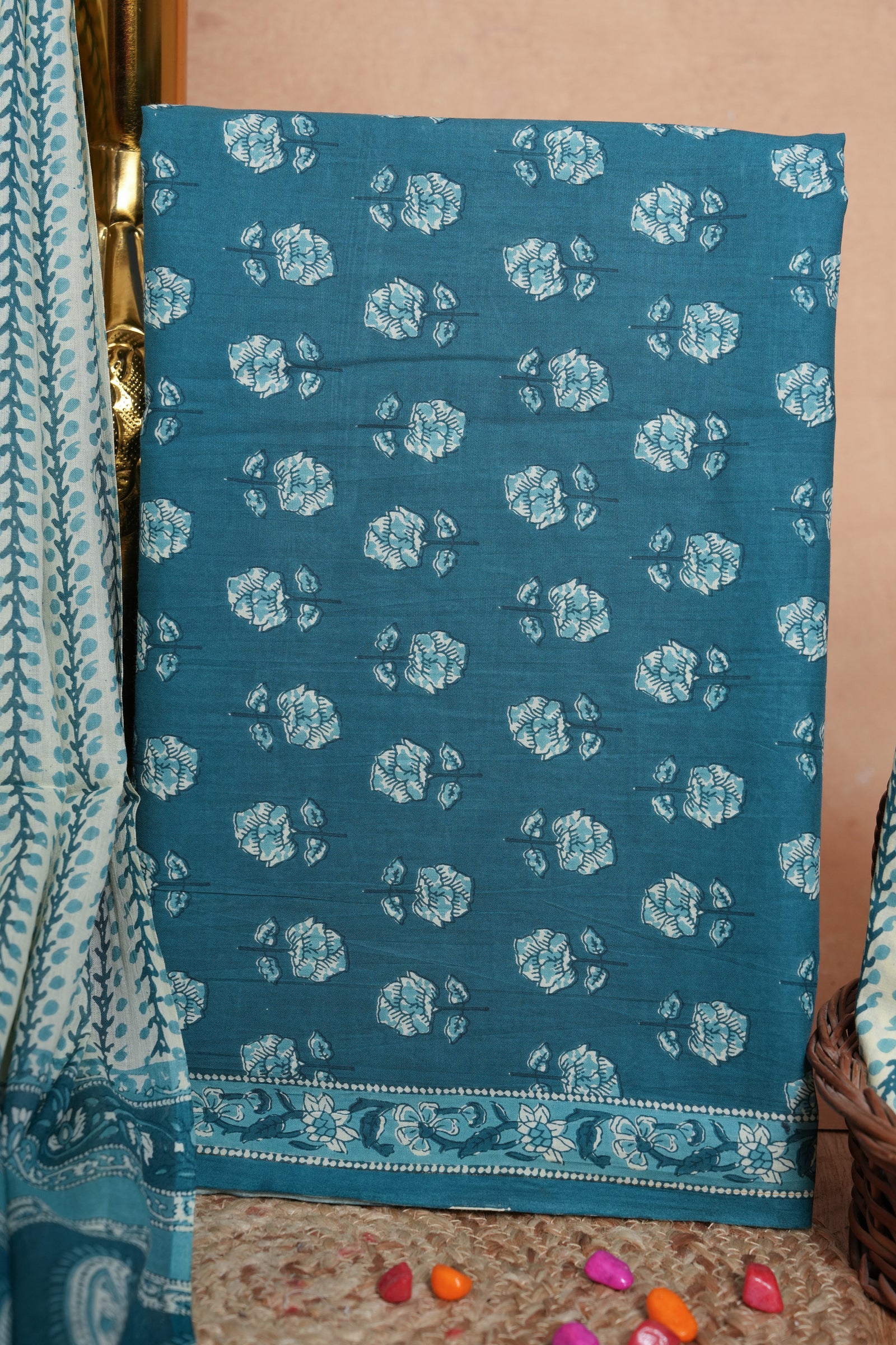 Teal Blue Cotton Unstitched Suit Set with Printed Dupatta – Atharva Jaipur