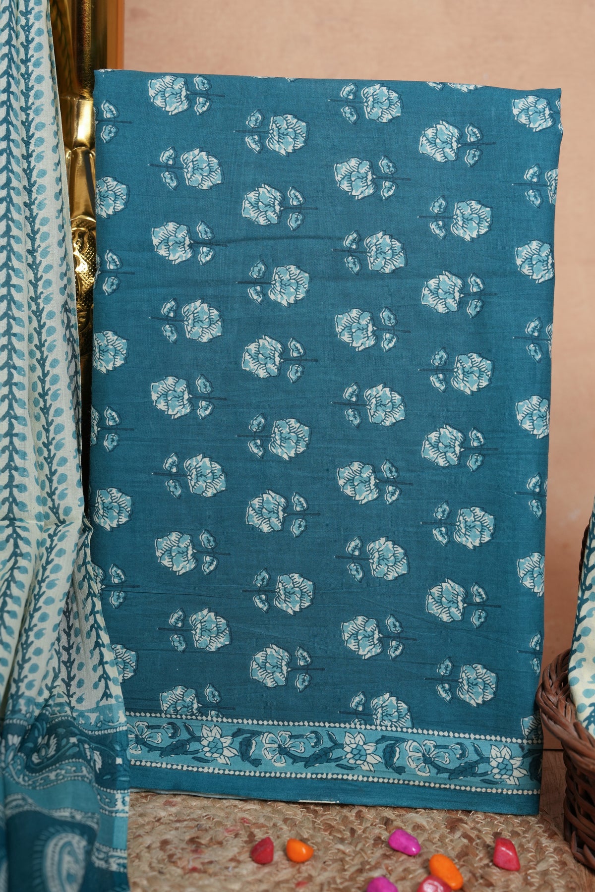 Teal Blue Cotton Unstitched Suit Set with Printed Dupatta – Atharva Jaipur