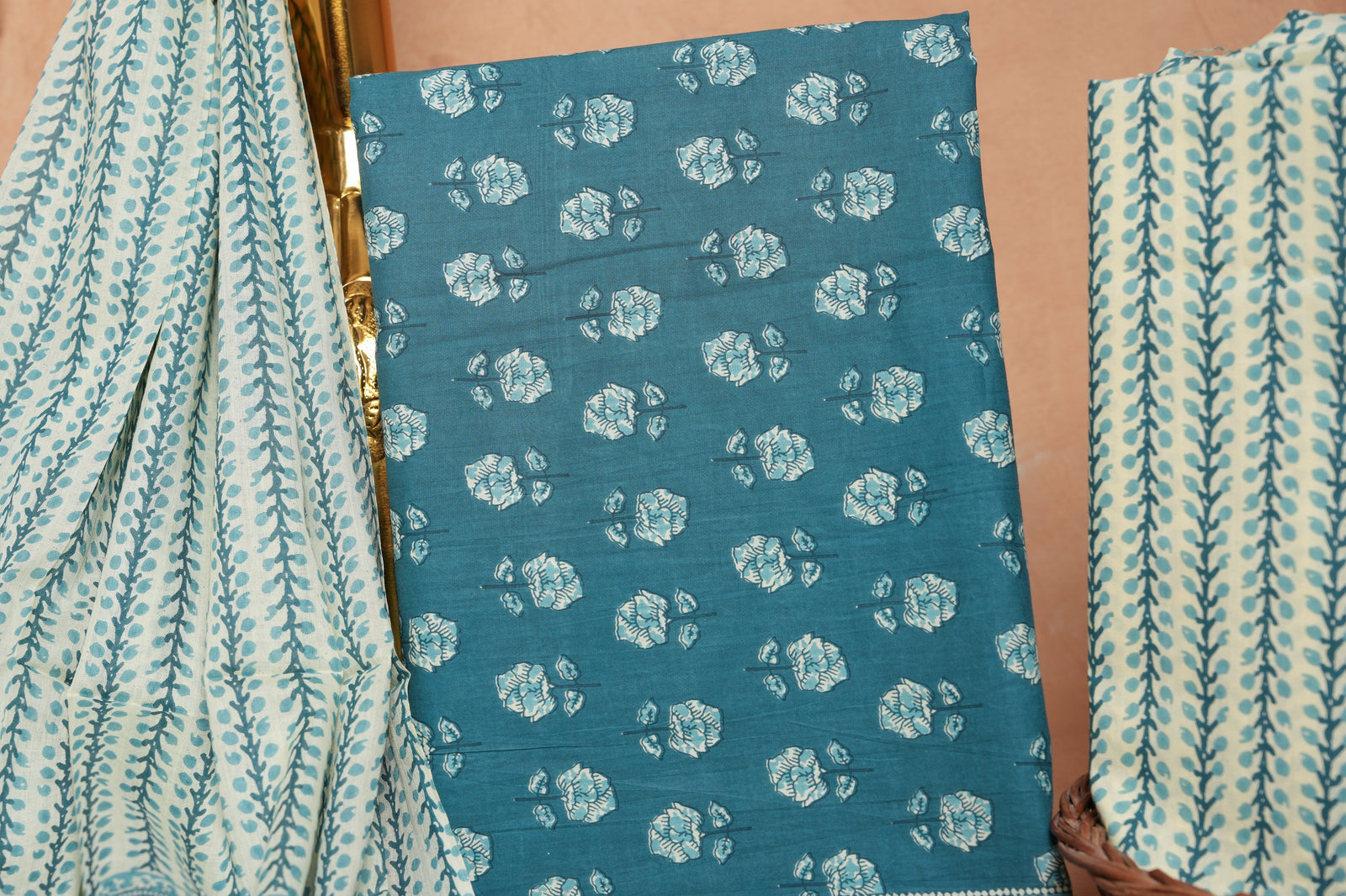 Teal Blue Cotton Unstitched Suit Set with Printed Dupatta – Atharva Jaipur