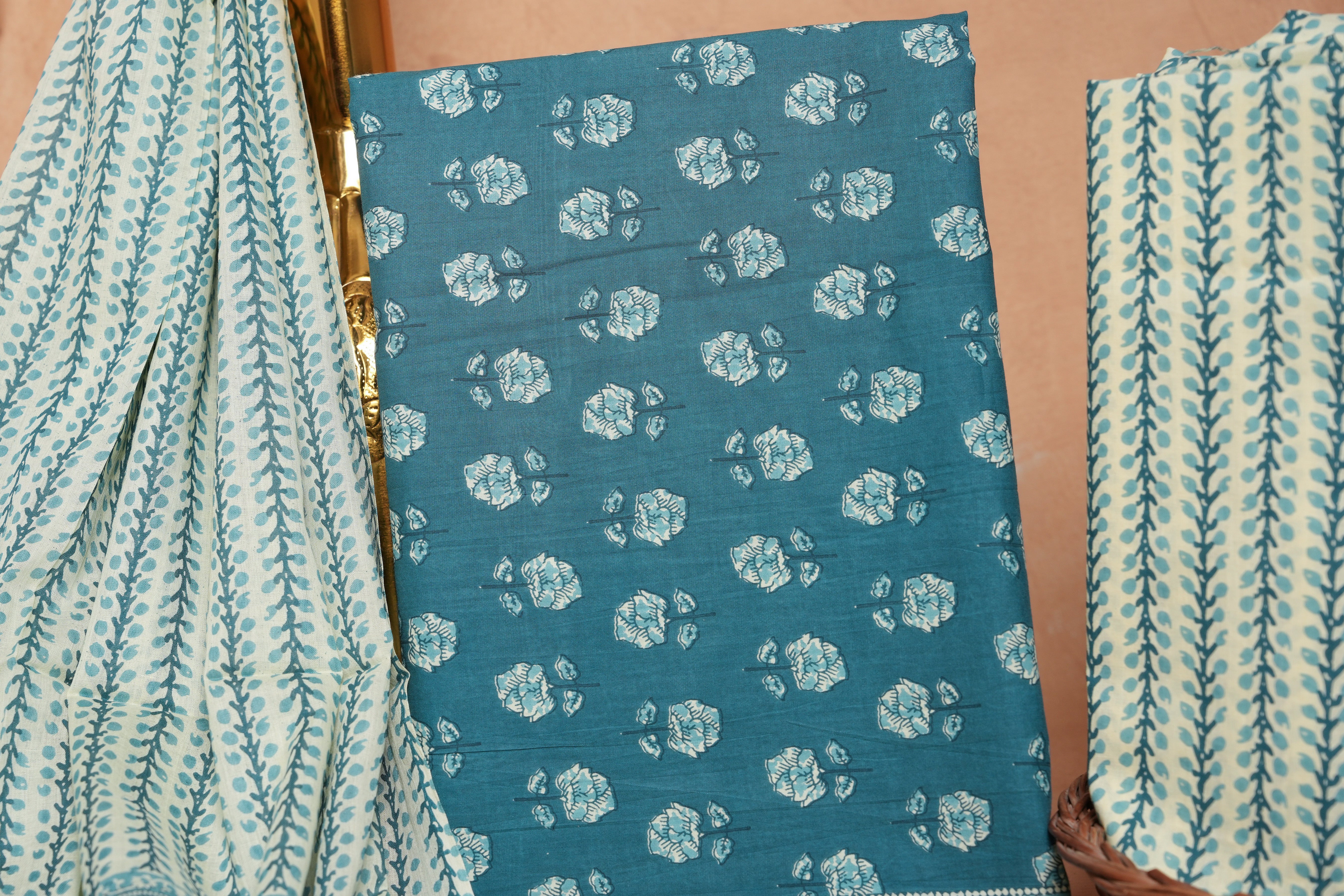 Teal Blue Cotton Unstitched Suit Set with Printed Dupatta – Atharva Jaipur