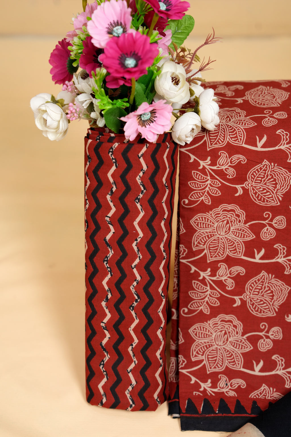 Rust red floral artistic & geometric Cotton Unstitched 3-Piece Dress Material AJ_152