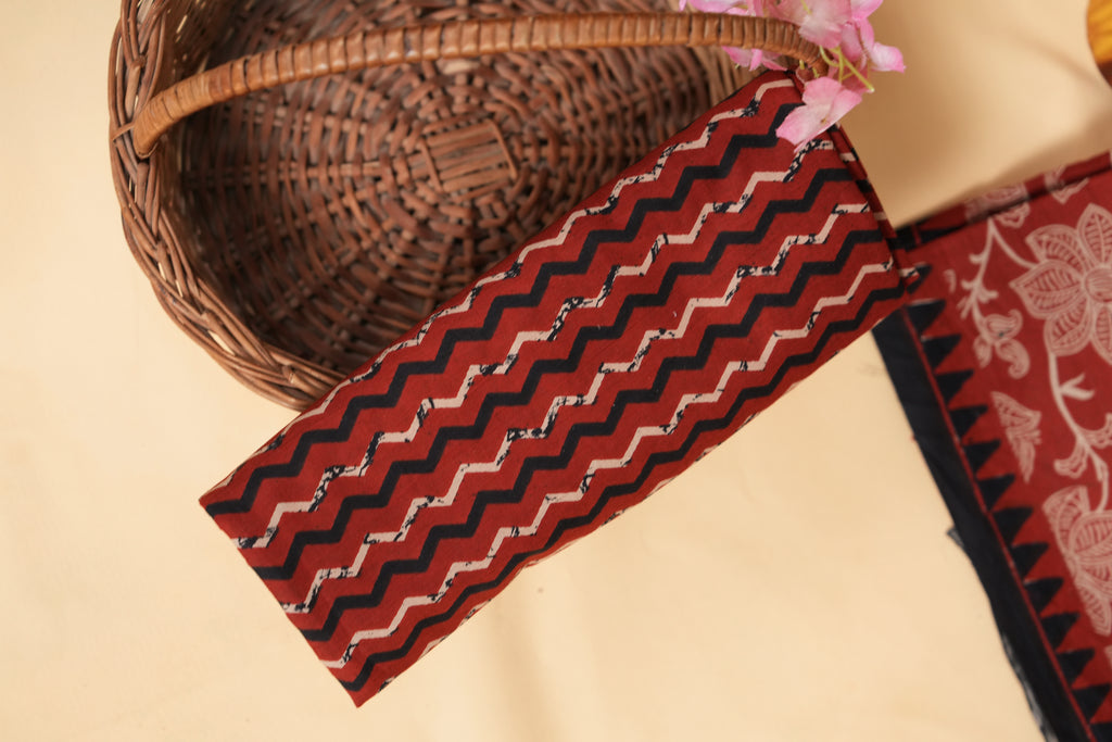Rust red floral artistic & geometric Cotton Unstitched 3-Piece Dress Material AJ_152