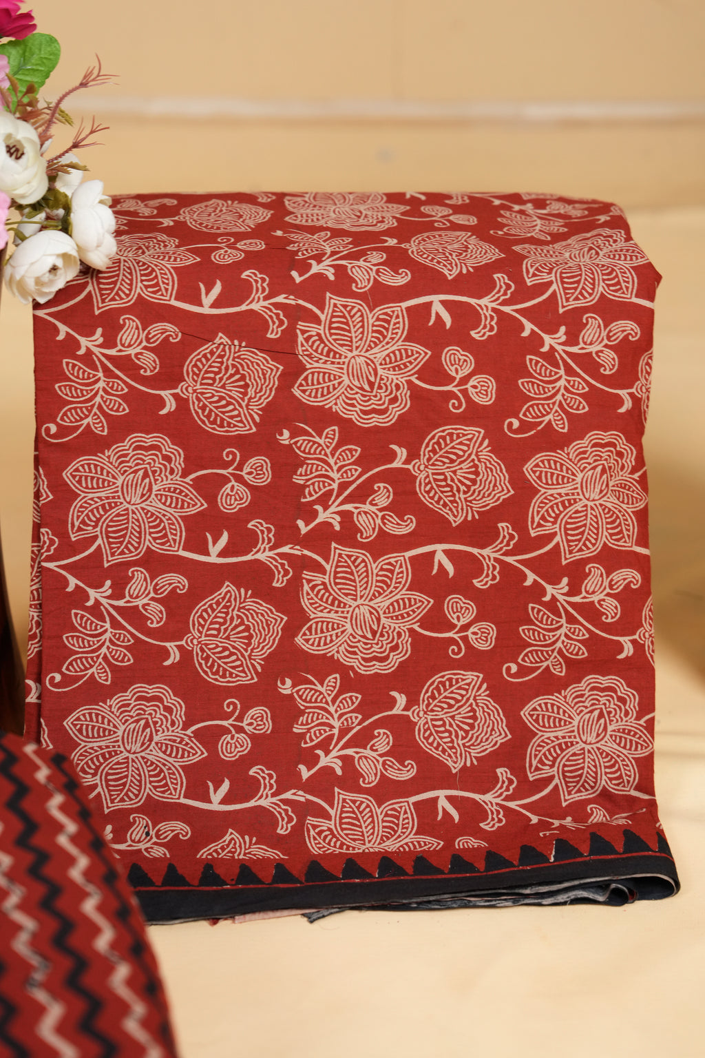 Rust red floral artistic & geometric Cotton Unstitched 3-Piece Dress Material AJ_152