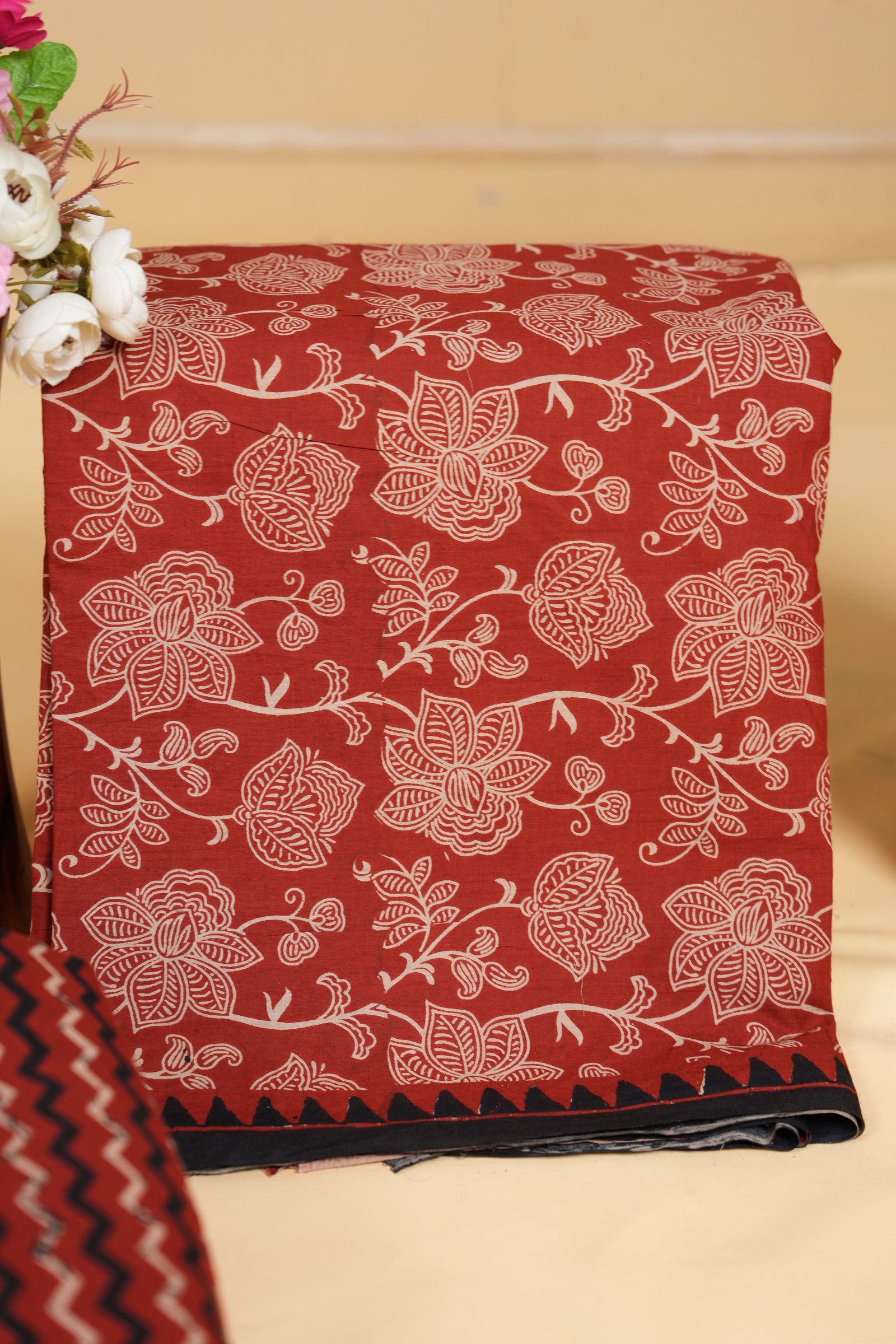 Rust red floral artistic & geometric Cotton Unstitched 3-Piece Dress Material AJ_152