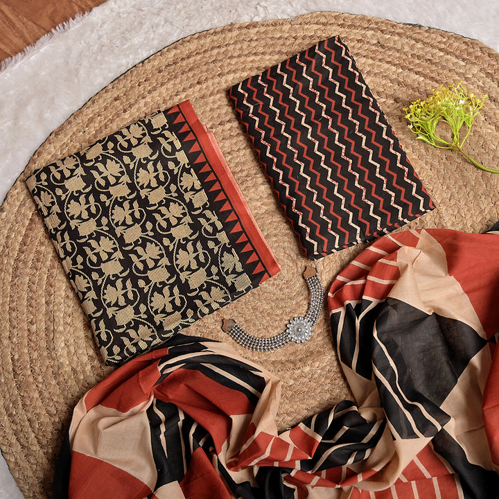 Multicoloured Screen Printed Pure Cotton Unstitched Suit Set with Dupatta