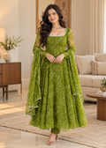 Olive Green Bandhani Printed Anarkali Suit Set with Dupatta