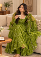Olive Green Bandhani Printed Anarkali Suit Set with Dupatta