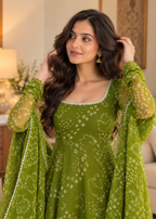 Olive Green Bandhani Printed Anarkali Suit Set with Dupatta