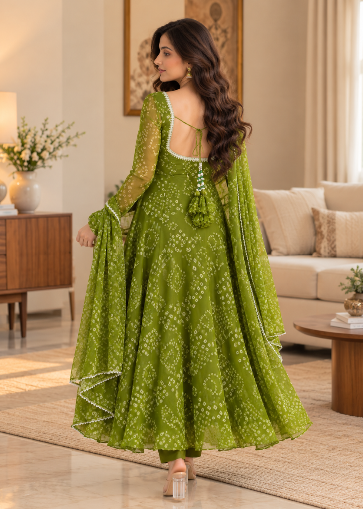 Olive Green Bandhani Printed Anarkali Suit Set with Dupatta