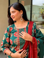 Green Jaipuri Buta Print Cotton Straight Kurta Set with Dupatta