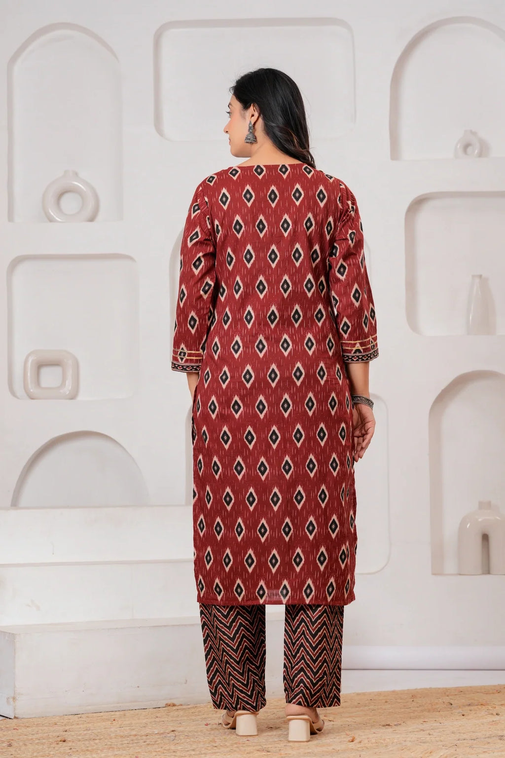 Maroon Ajrakh Jaal Print Cotton Kurta Pant Set with Dupatta