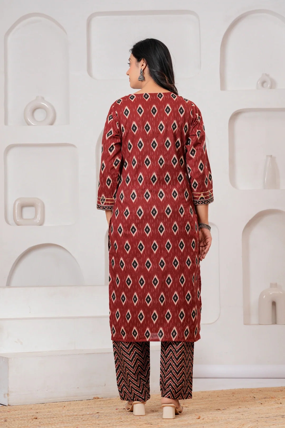 Maroon Ajrakh Jaal Print Cotton Kurta Pant Set with Dupatta