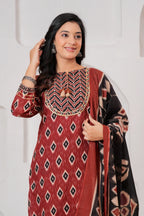 Maroon Ajrakh Jaal Print Cotton Kurta Pant Set with Dupatta