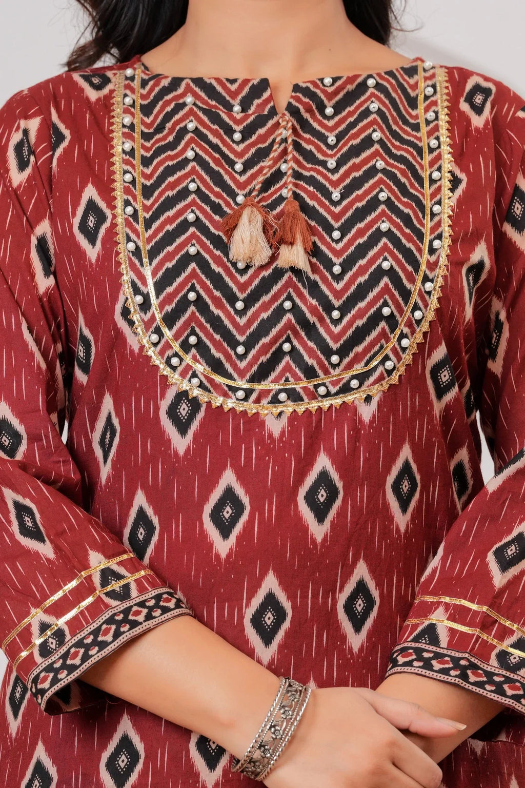 Maroon Ajrakh Jaal Print Cotton Kurta Pant Set with Dupatta