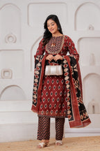 Maroon Ajrakh Jaal Print Cotton Kurta Pant Set with Dupatta