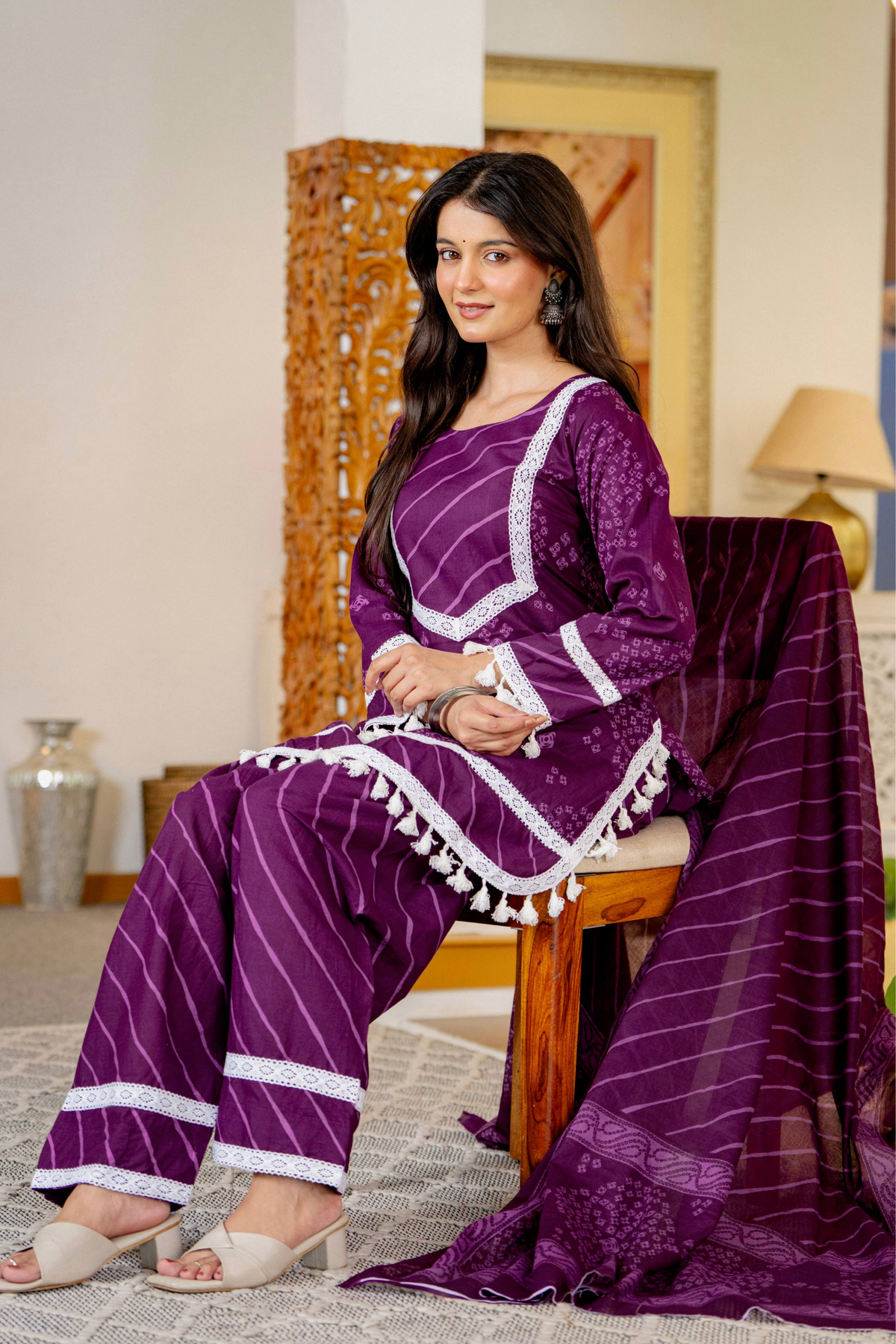 Royal Purple Cotton Farshi Kurta Set With Lace & Dupatta | DJ31