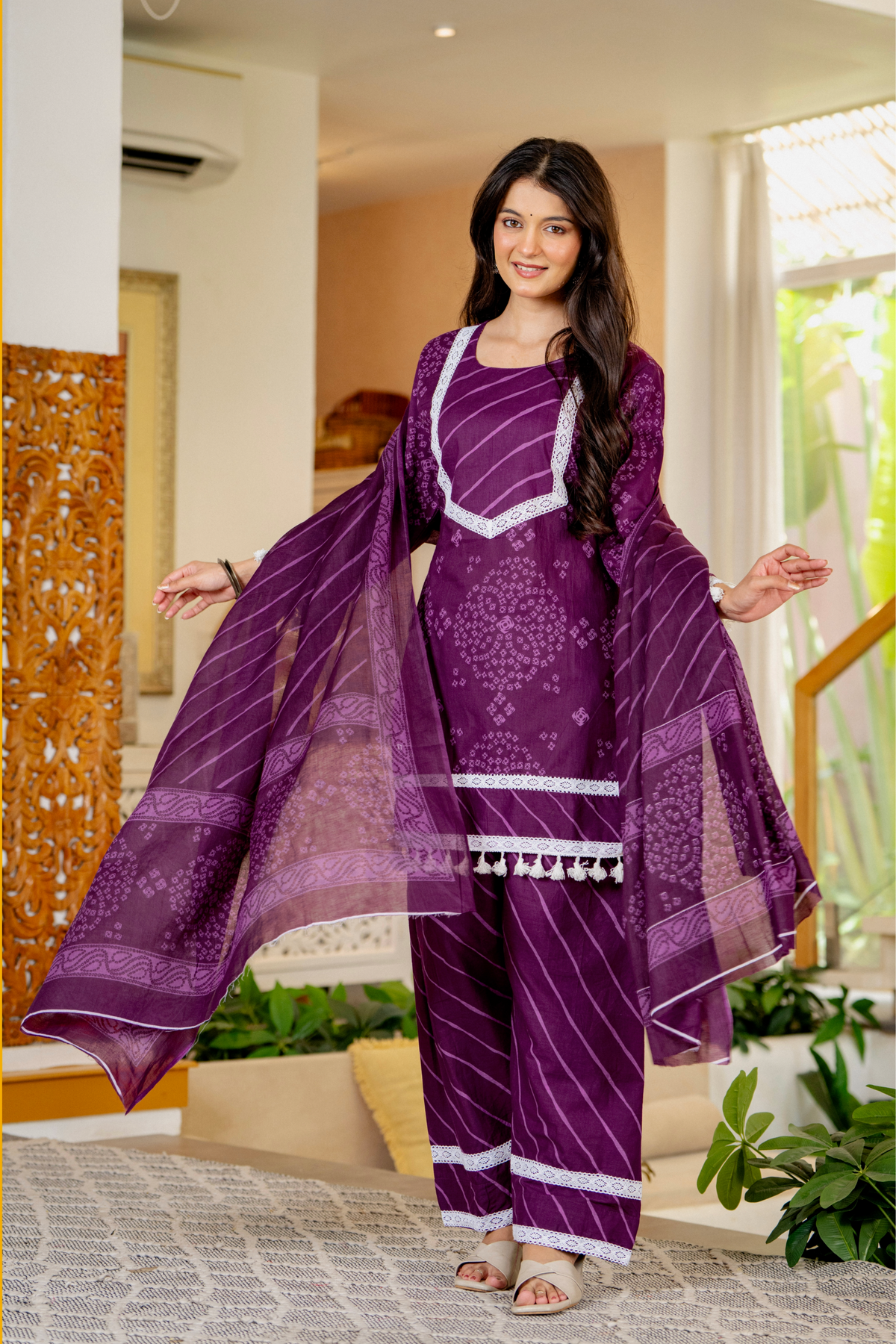 Royal Purple Cotton Farshi Kurta Set With Lace & Dupatta | DJ31