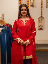 Red Pure Cotton Solid Gota Work Round Neck Full Sleeves Hip Length A-Line Kurta Farshi Salwar And Dupatta Set