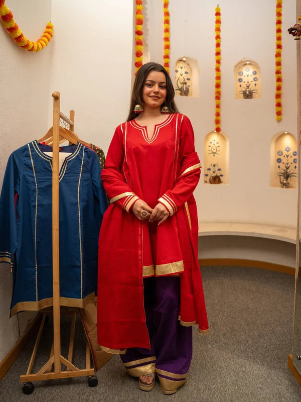 Red Pure Cotton Solid Gota Work Round Neck Full Sleeves Hip Length A-Line Kurta Farshi Salwar And Dupatta Set