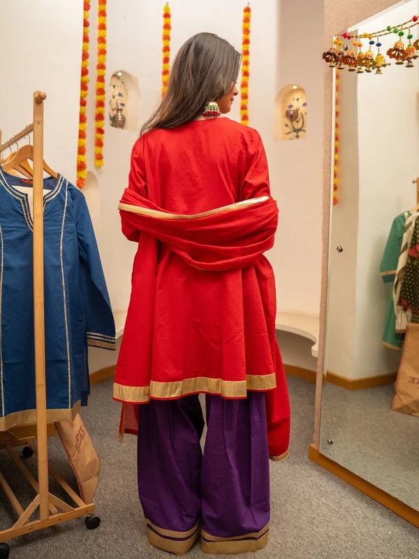 Red Pure Cotton Solid Gota Work Round Neck Full Sleeves Hip Length A-Line Kurta Farshi Salwar And Dupatta Set