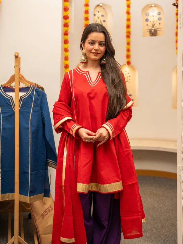 Red Pure Cotton Solid Gota Work Round Neck Full Sleeves Hip Length A-Line Kurta Farshi Salwar And Dupatta Set