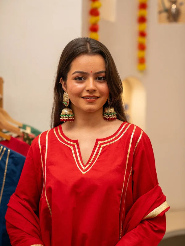 Red Pure Cotton Solid Gota Work Round Neck Full Sleeves Hip Length A-Line Kurta Farshi Salwar And Dupatta Set