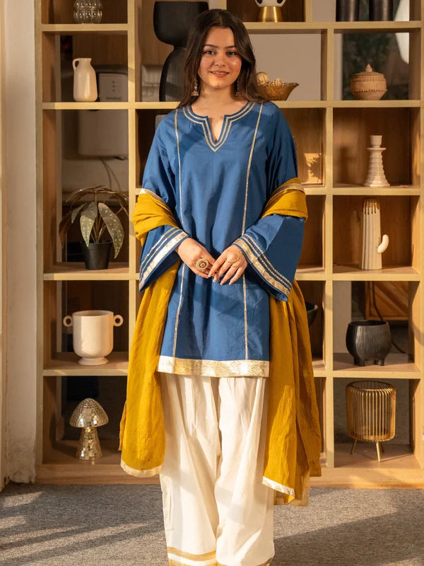 Cobalt Blue Pure Cotton Solid Gota Work Round Neck Full Sleeves Hip Length A-Line Kurta Farshi Salwar And Dupatta Set
