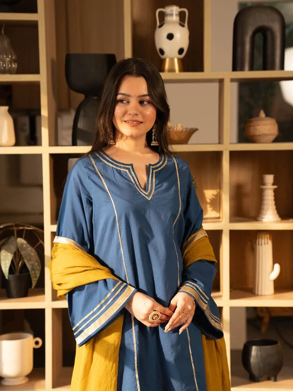 Cobalt Blue Pure Cotton Solid Gota Work Round Neck Full Sleeves Hip Length A-Line Kurta Farshi Salwar And Dupatta Set