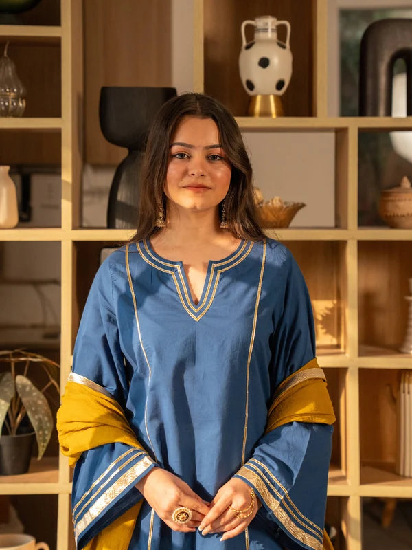 Cobalt Blue Pure Cotton Solid Gota Work Round Neck Full Sleeves Hip Length A-Line Kurta Farshi Salwar And Dupatta Set