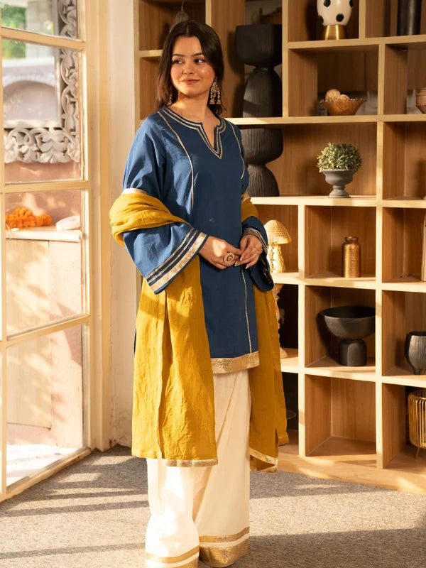 Cobalt Blue Pure Cotton Solid Gota Work Round Neck Full Sleeves Hip Length A-Line Kurta Farshi Salwar And Dupatta Set
