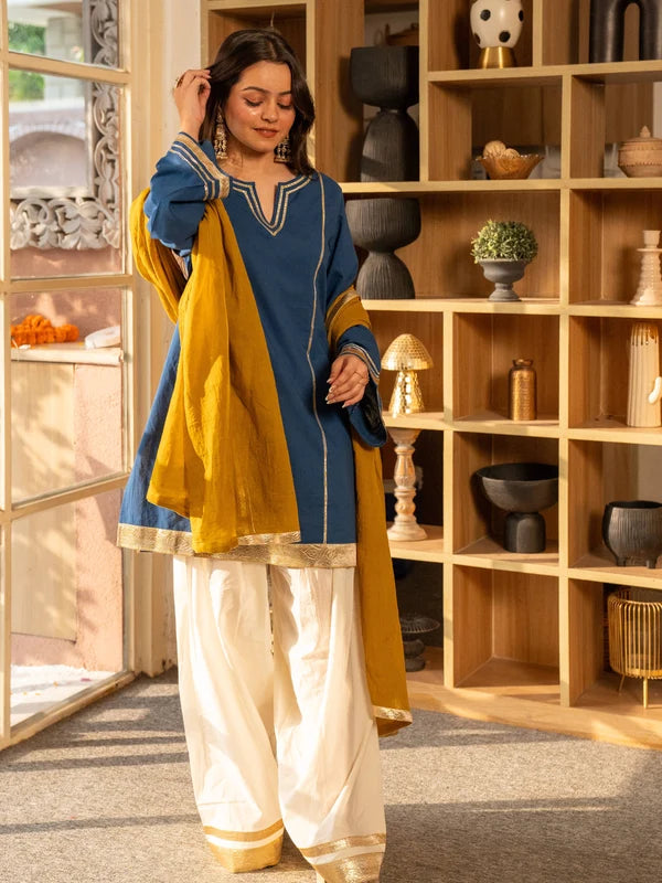 Cobalt Blue Pure Cotton Solid Gota Work Round Neck Full Sleeves Hip Length A-Line Kurta Farshi Salwar And Dupatta Set