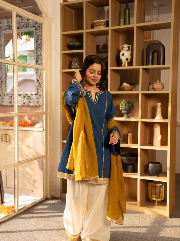Cobalt Blue Pure Cotton Solid Gota Work Round Neck Full Sleeves Hip Length A-Line Kurta Farshi Salwar And Dupatta Set