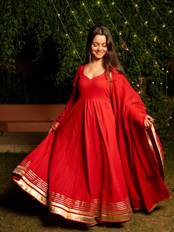 Red Pure Cotton Solid Sweetheart Neck Full Sleeves Ankle Length Flared Kurta Pant And Dupatta Set
