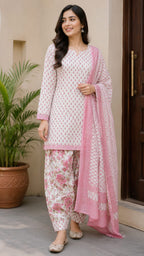 Pink Floral Cotton Farshi Kurti Set | DJ15