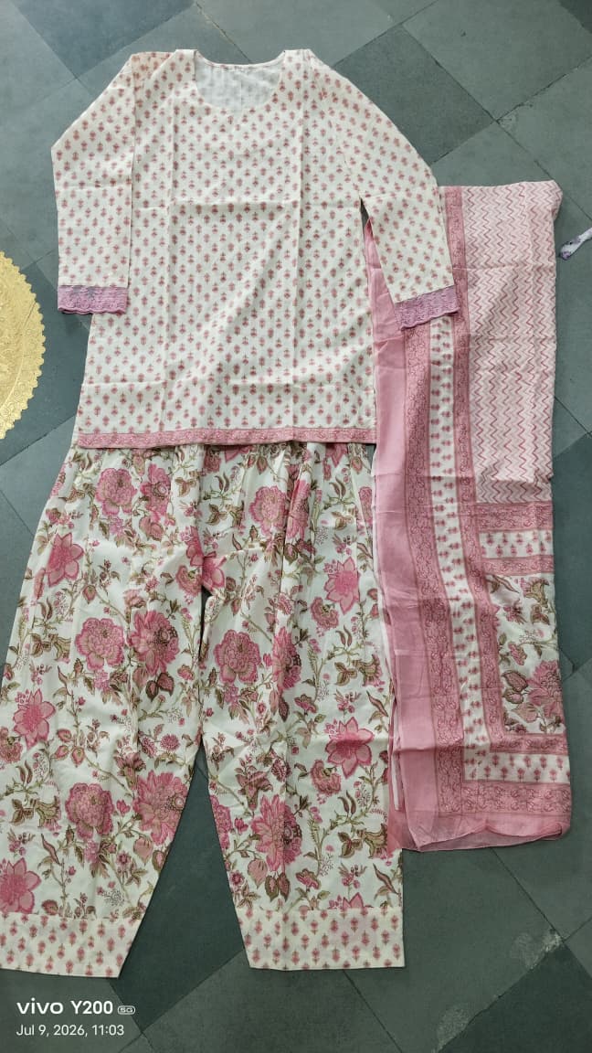 Pink Floral Cotton Farshi Kurti Set | DJ15