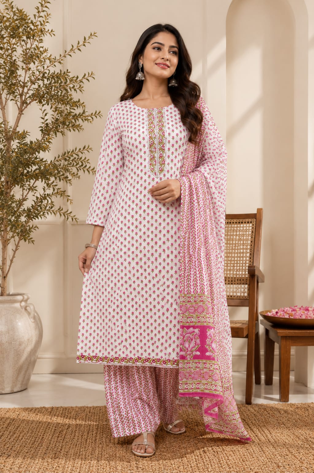 Pink Bud Cotton Straight Kurti Set | DJ11