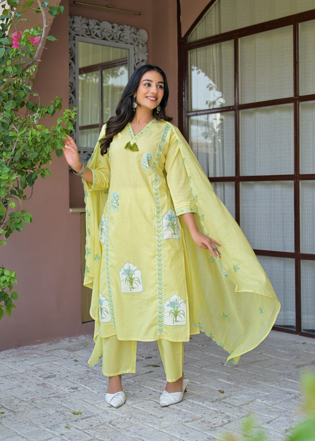Yellow Embroidered Straight Kurta Set with Pant & Dupatta