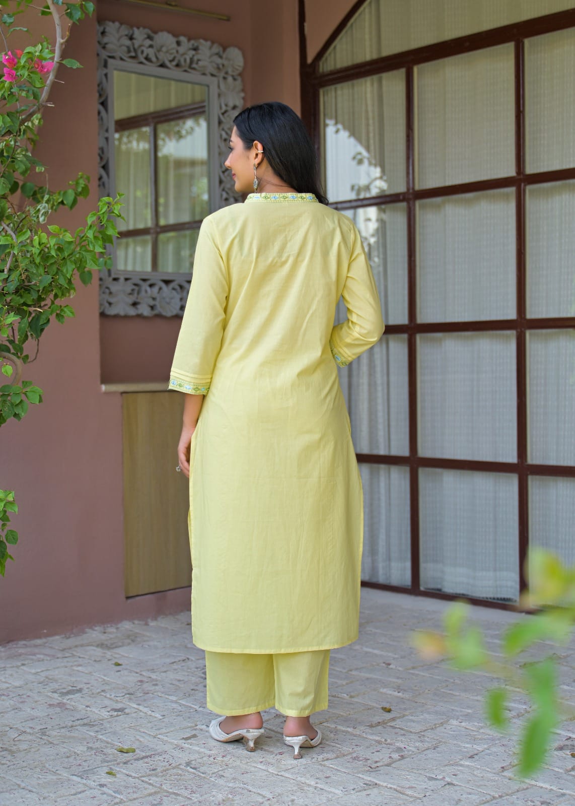 Yellow Embroidered Straight Kurta Set with Pant & Dupatta