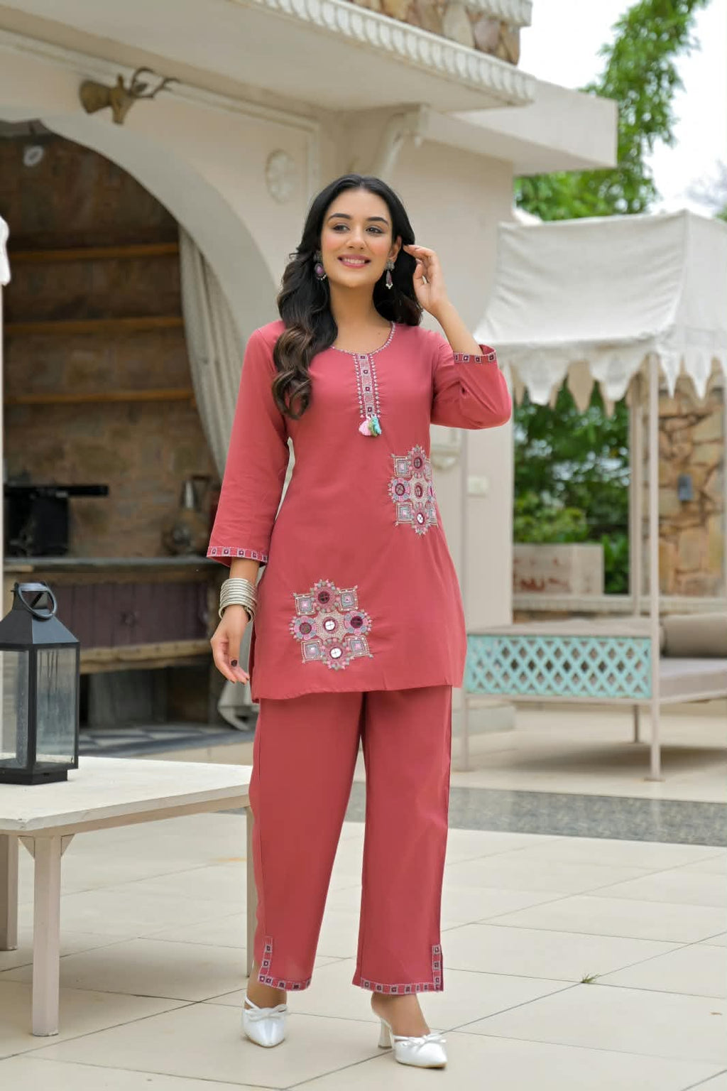 Coral Pink Embroidered Co-ord Set with Pant